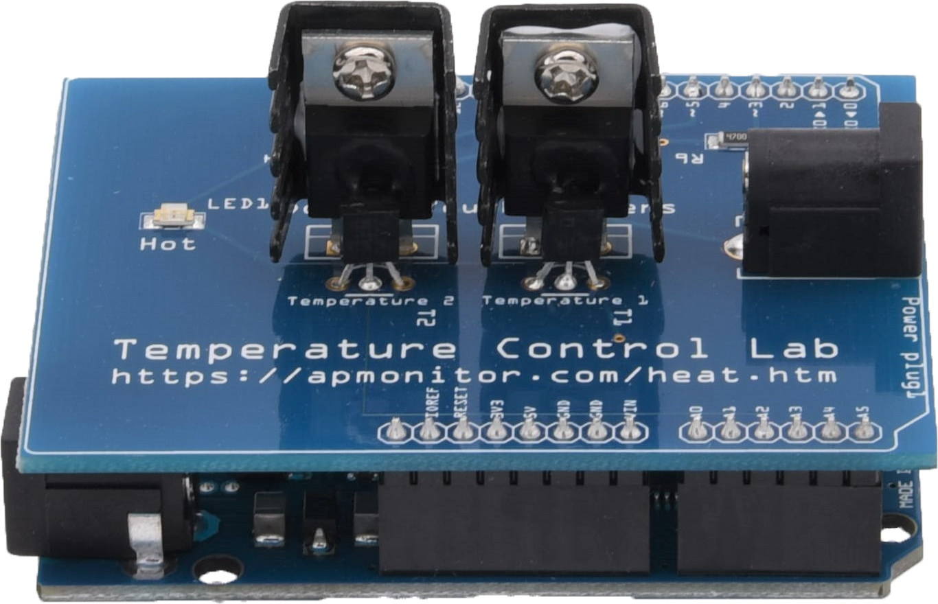 Temperature Control Lab circuit board with two heaters and temperature sensors
